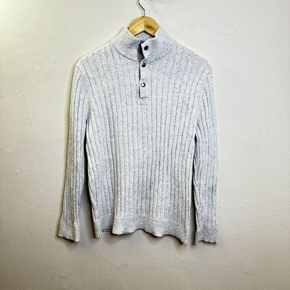 Express Women's Long Sleeve Sweater Button Front Collar Ribbed Light Grey Large - Picture 4 of 15